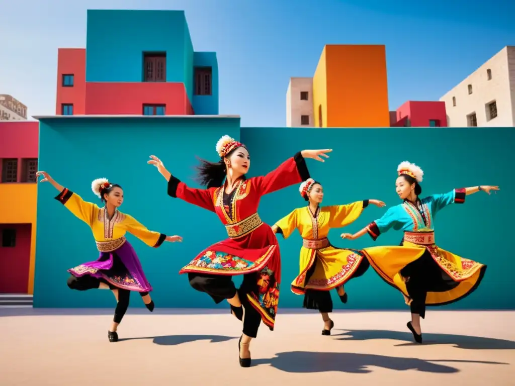 Grupo de bailarines folclóricos adaptando danzas tradicionales al siglo XXI en escenario urbano vibrante y moderno, exudando fuerza y orgullo cultural