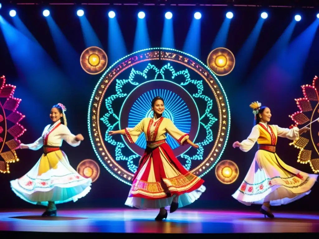 Grupo de bailarines folclóricos en un escenario iluminado, con trajes bordados y accesorios coloridos