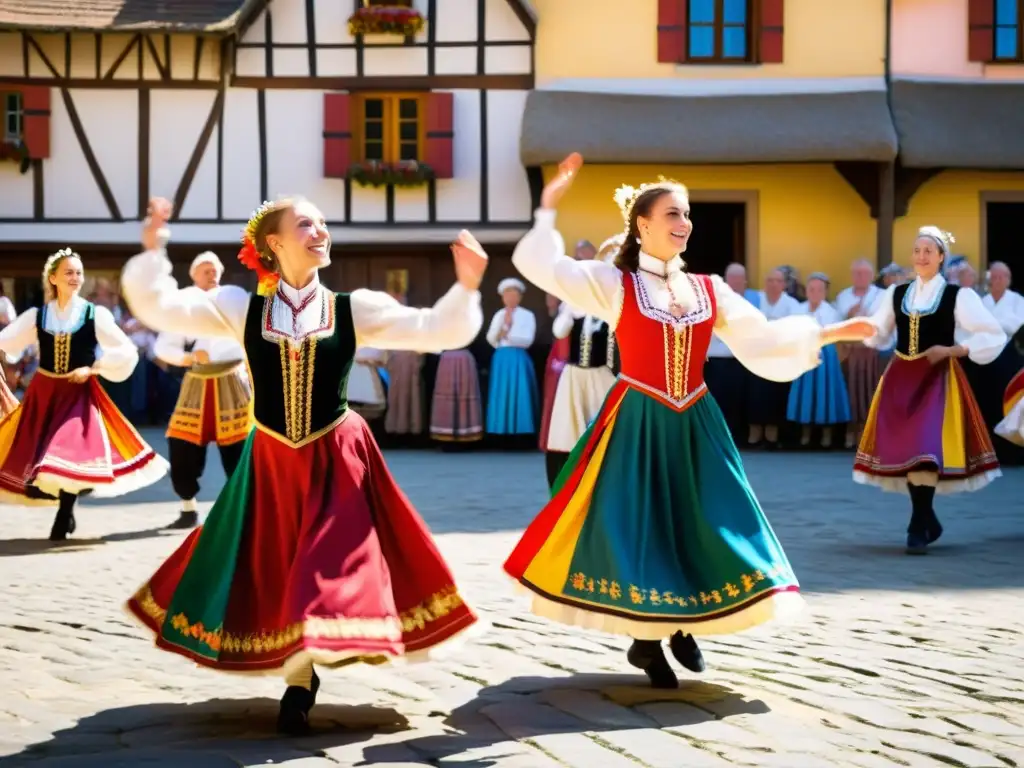 Grupo de bailarines folclóricos europeos en atuendos tradicionales realizando una danza animada en una plaza soleada, con espectadores aplaudiendo