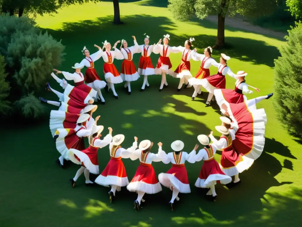 Grupo de bailarines folclóricos europeos en vibrantes trajes tradicionales, danzando en un claro soleado entre exuberante vegetación