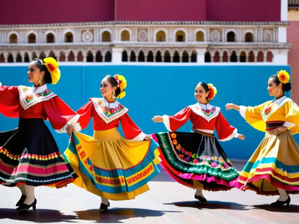 Grupo de bailarines folclóricos en el Festival Internacional de Folklore Zacatecas, con trajes vibrantes y movimientos dinámicos en el centro histórico