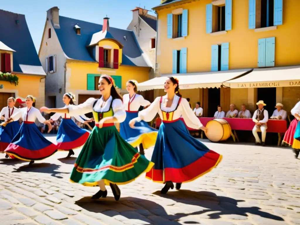 Grupo de bailarines folclóricos franceses realizando una animada danza en la plaza del pueblo al sol, con trajes coloridos y músicos