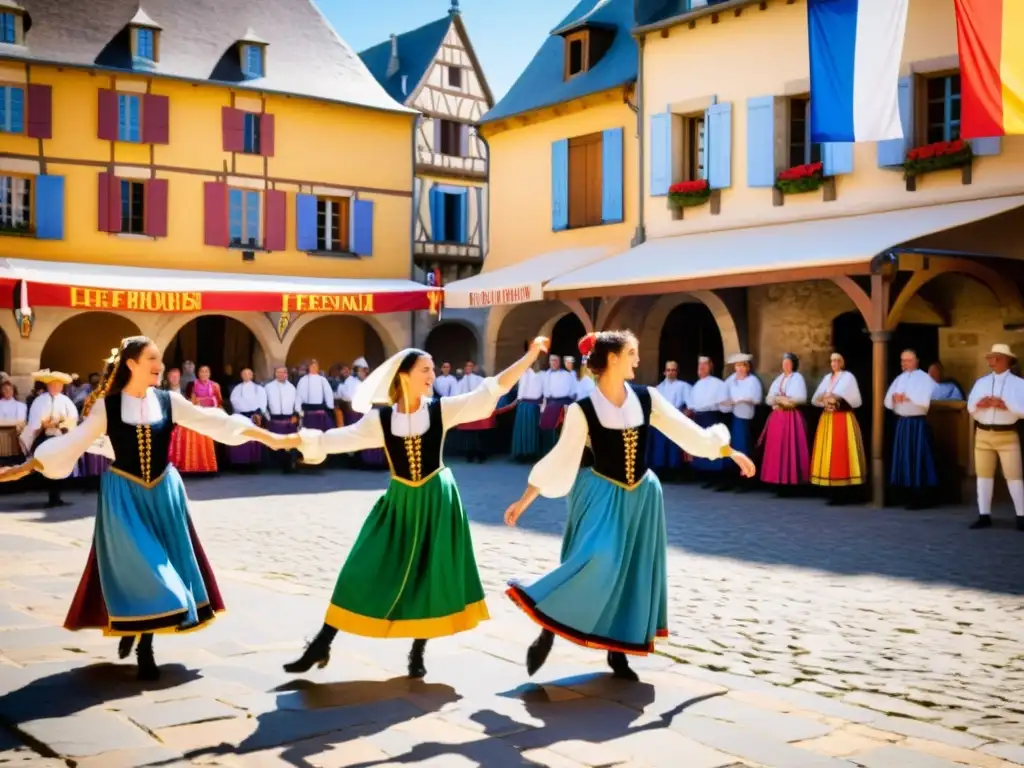 Grupo de bailarines folclóricos franceses en trajes medievales, danzando en la plaza del pueblo con banderas coloridas