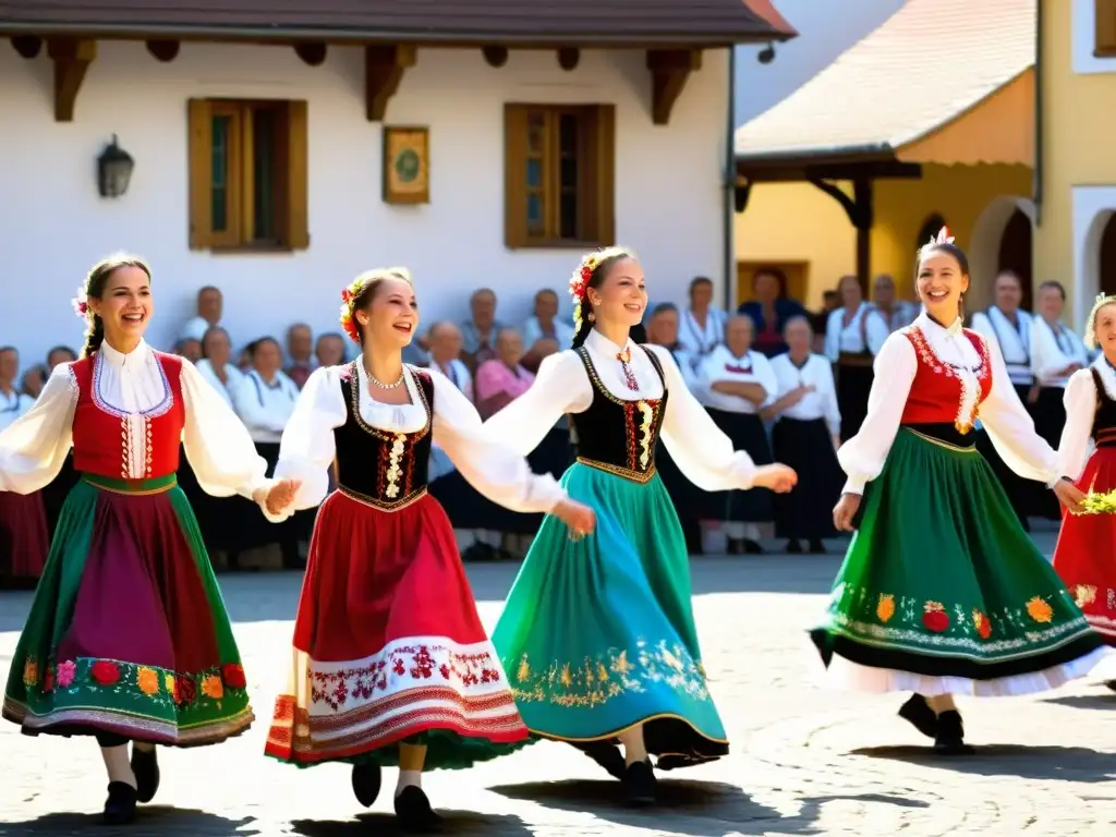 Un grupo de bailarines folclóricos húngaros, con trajes tradicionales vibrantes y bordados florales, realizando el Csárdás en una plaza soleada