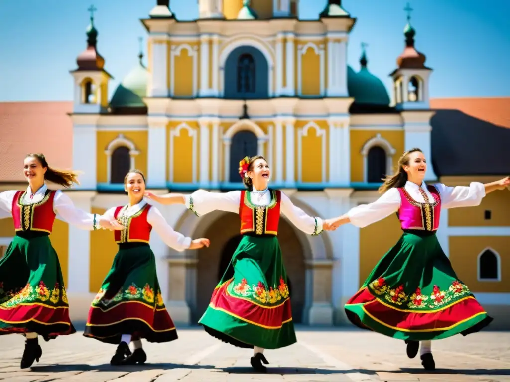 Grupo de bailarines folclóricos húngaros, coloridos y alegres, en el Festival de Danza de Szeged