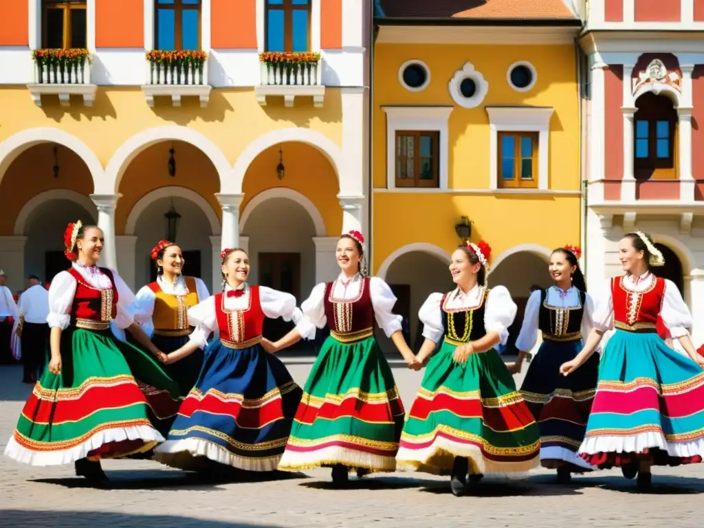 Grupo de bailarines folclóricos húngaros en el Festival de Danza de Szeged, luciendo trajes tradicionales coloridos, danzando en la plaza soleada de Szeged