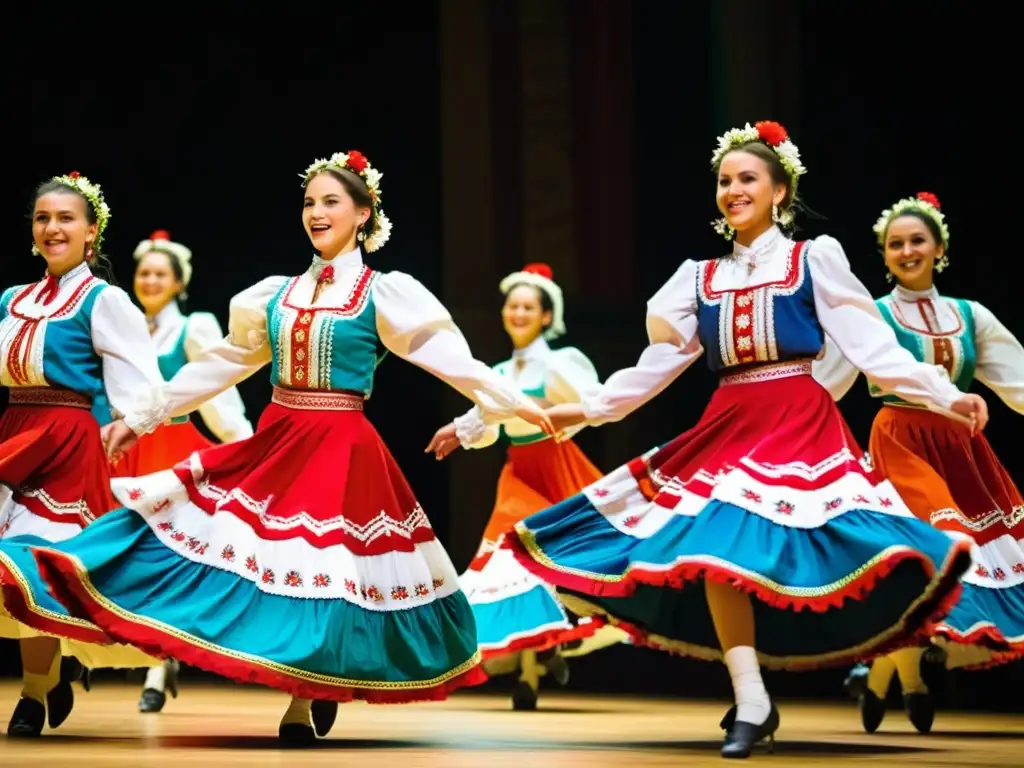 Grupo de bailarines folclóricos húngaros en trajes tradicionales vibrantes, bailando el csárdás húngaro con pasión y vitalidad, capturando su significado cultural