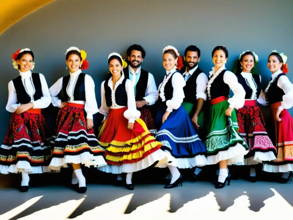 Un grupo de bailarines folclóricos italianos vistiendo trajes tradicionales de tarantela, con diseños vibrantes y elaborados