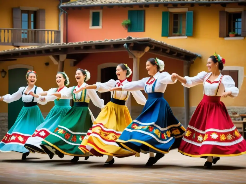 Grupo de bailarines folclóricos italianos danzando la tarantela con pasión y alegría en la plaza del pueblo