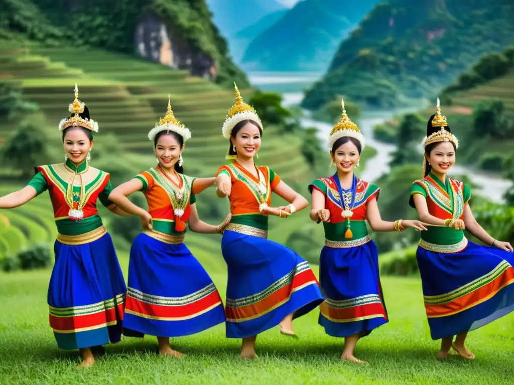 Un grupo de bailarines folclóricos laosianos danza grácilmente en vibrantes trajes tradicionales, en medio de exuberantes montañas y un río sereno