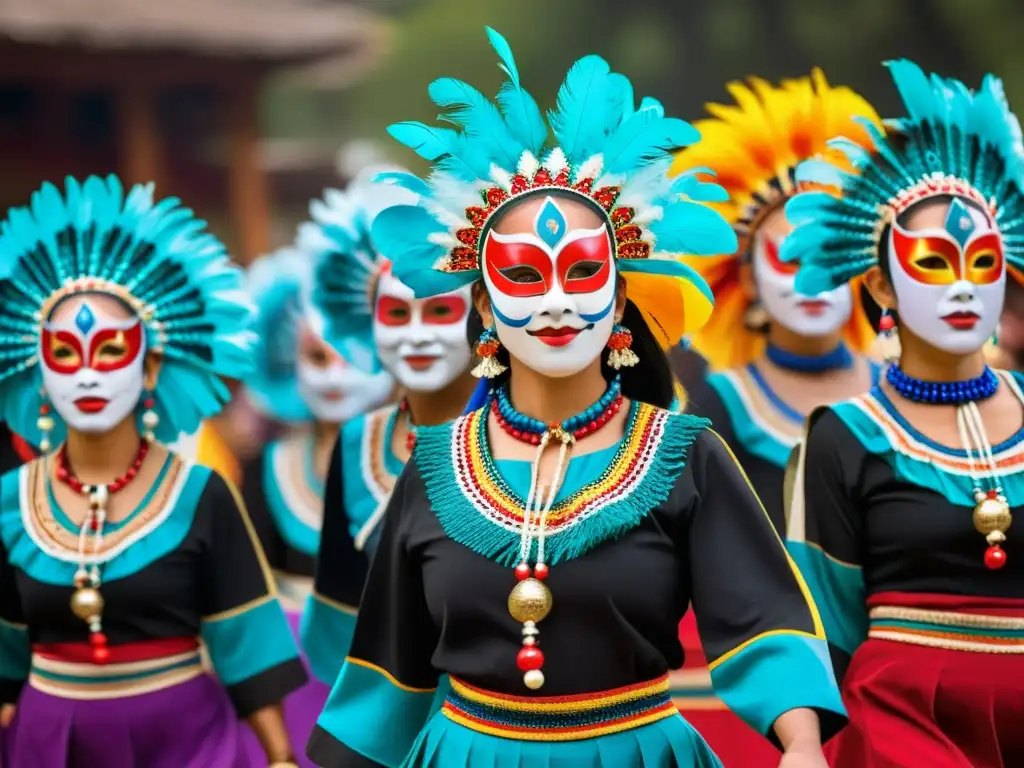 Un grupo de bailarines folclóricos con máscaras representativas en una animada plaza