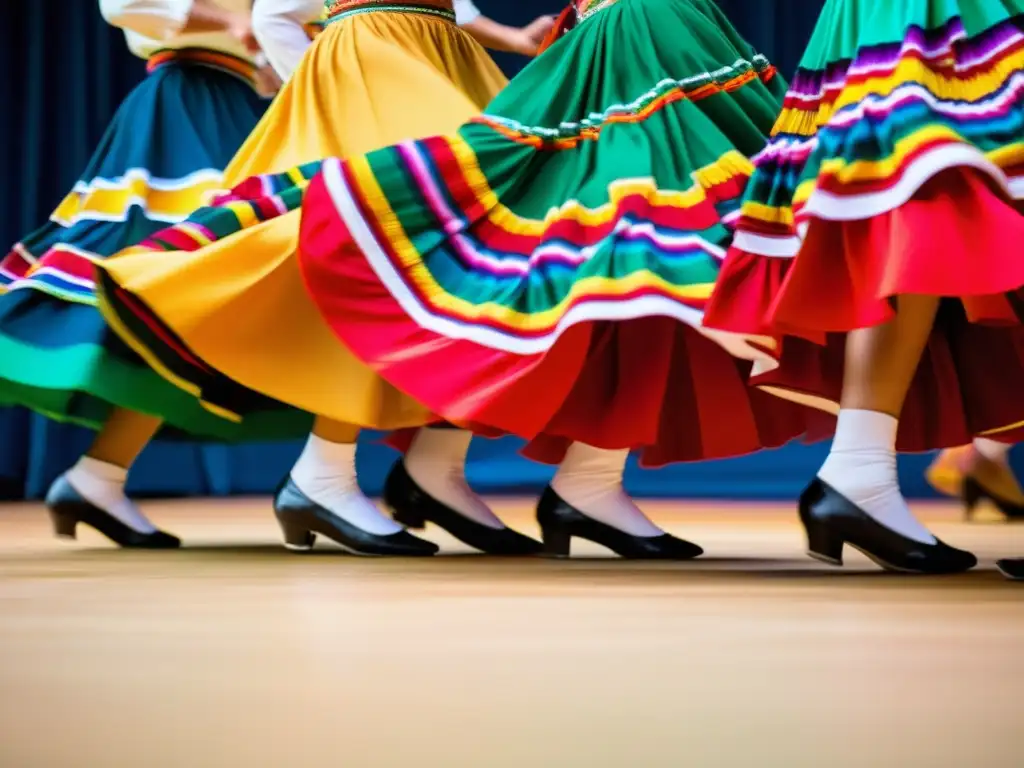 Un grupo de bailarines folclóricos mexicanos ejecutan un zapateado preciso en trajes vibrantes