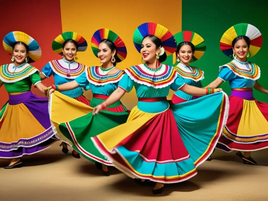 Grupo de bailarines folclóricos mexicanos en evolución de la danza en trajes coloridos y movimientos expresivos