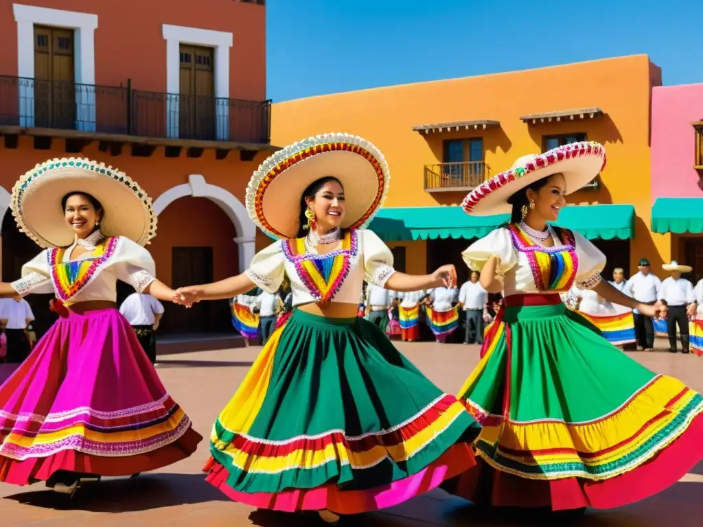 Grupo de bailarines folclóricos mexicanos en trajes vibrantes y detallados, bailando con energía y expresión en una plaza llena de color y música, mostrando la evolución de la danza folclórica mexicana