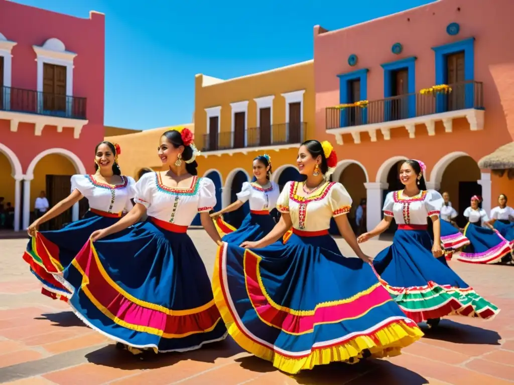 Grupo de bailarines folclóricos mexicanos evolucionando la danza tradicional en la plaza del pueblo