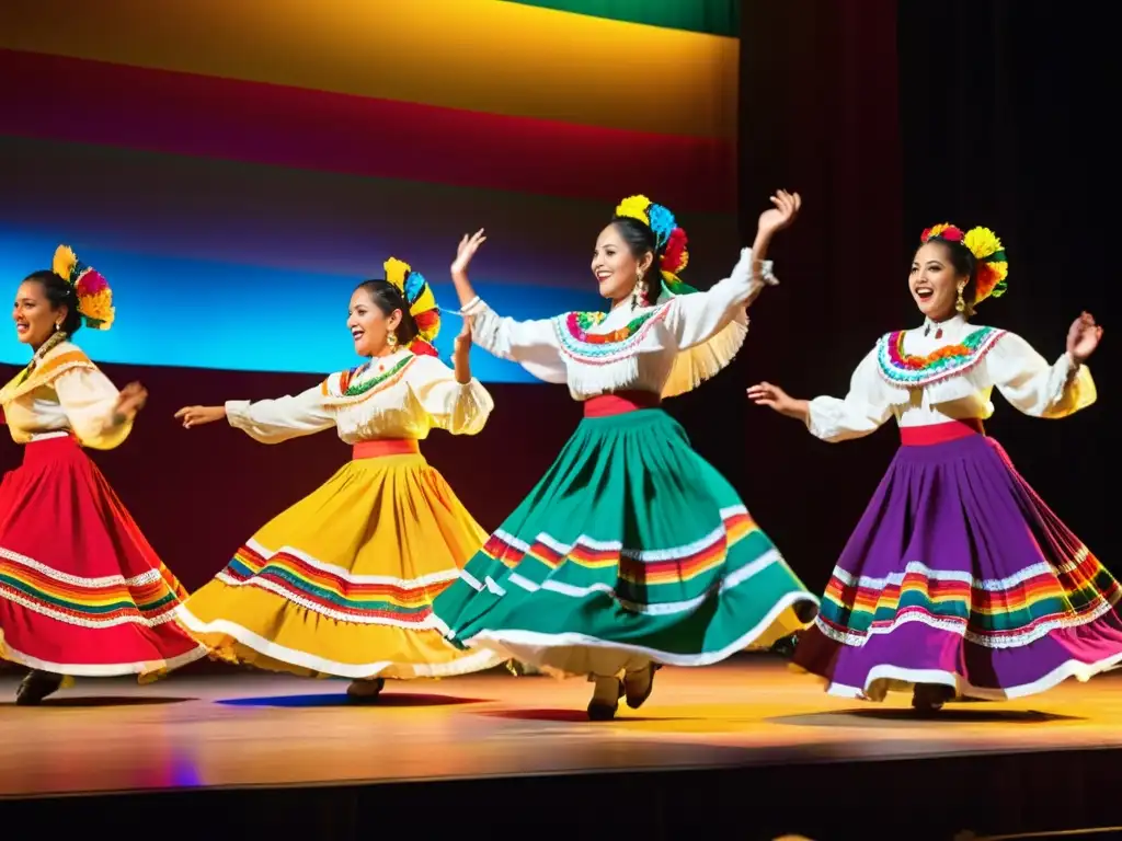 Grupo de bailarines folclóricos mexicanos con trajes tradicionales vibrantes, en medio de una presentación bajo luces de colores