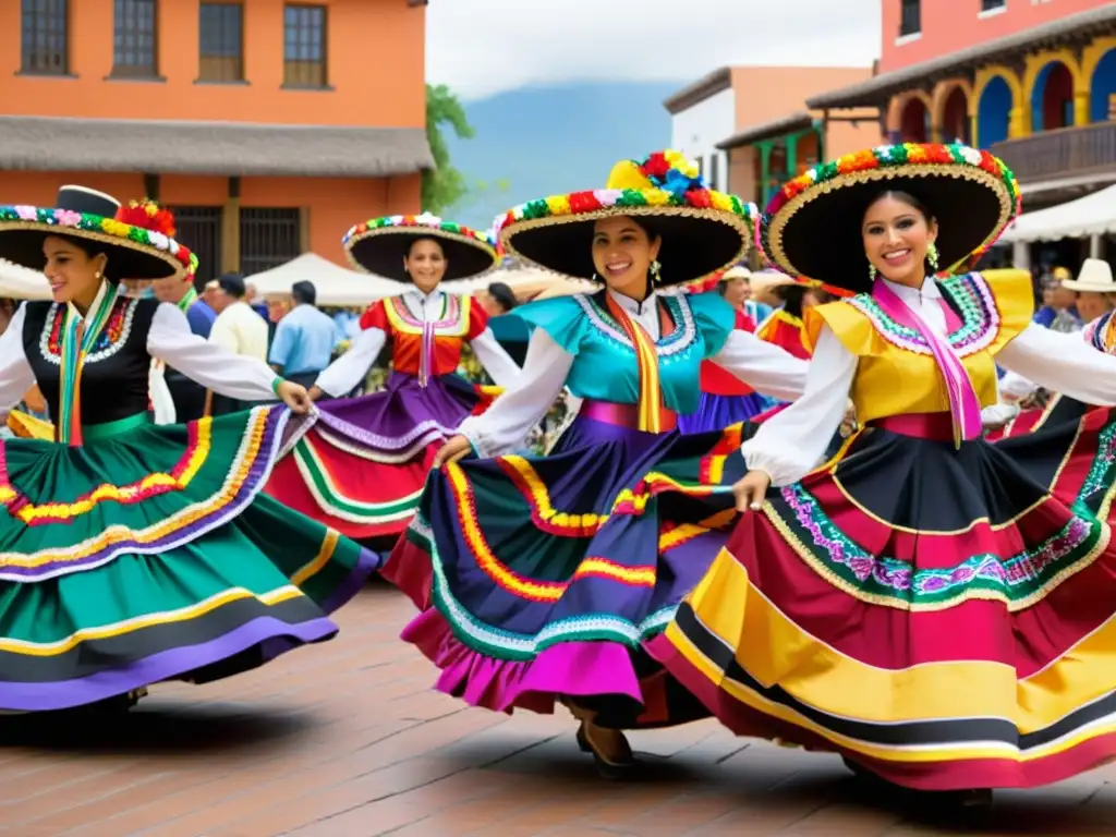 Grupo de bailarines folclóricos mexicanos con trajes coloridos y detallados, danzando en un animado mercado