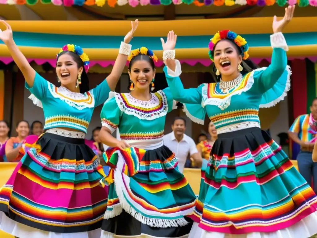 Grupo de bailarines folclóricos mexicanos con trajes vibrantes, realizando una danza energética