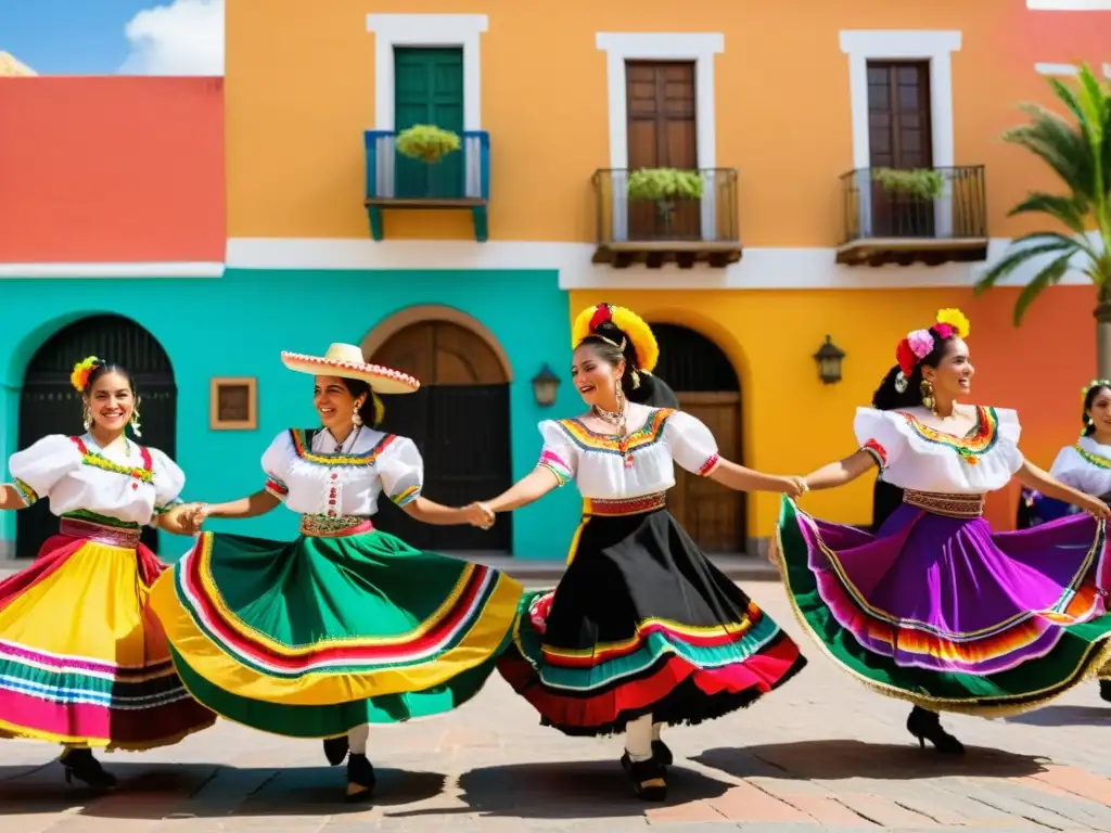 Grupo de bailarines folclóricos mexicanos en trajes coloridos, danzando en la plaza