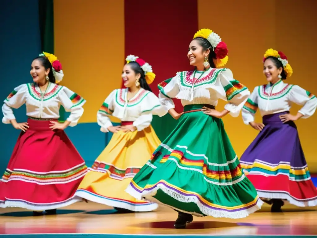 Grupo de bailarines folclóricos mexicanos en un escenario colorido, capturando el significado cultural de danzas tradicionales con su energía y pasión