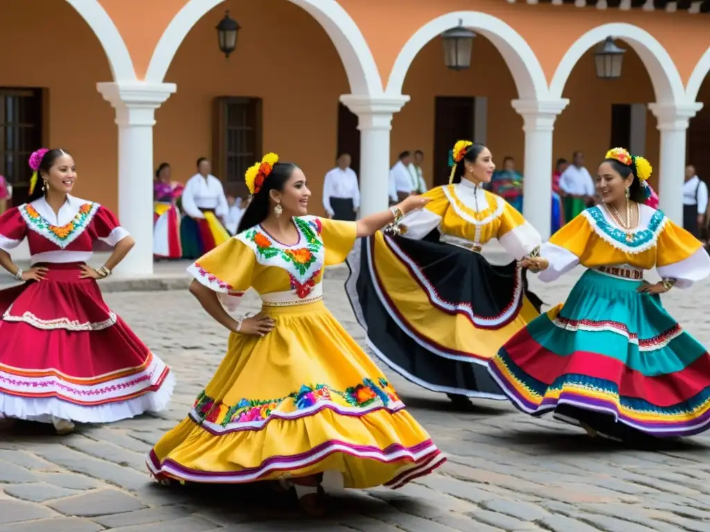 Un grupo de bailarines folclóricos mexicanos en trajes coloridos y bordados, actuando en un festival cultural