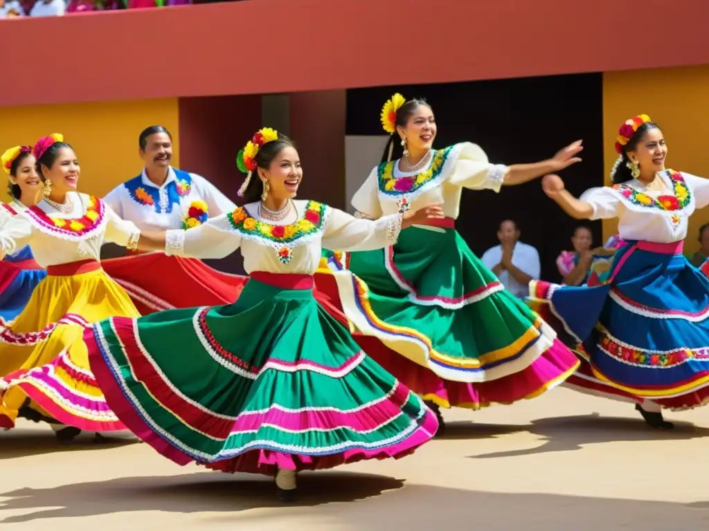 Grupo de bailarines folclóricos mexicanos en un festival de danza tradicional del mundo, con trajes vibrantes y energía festiva