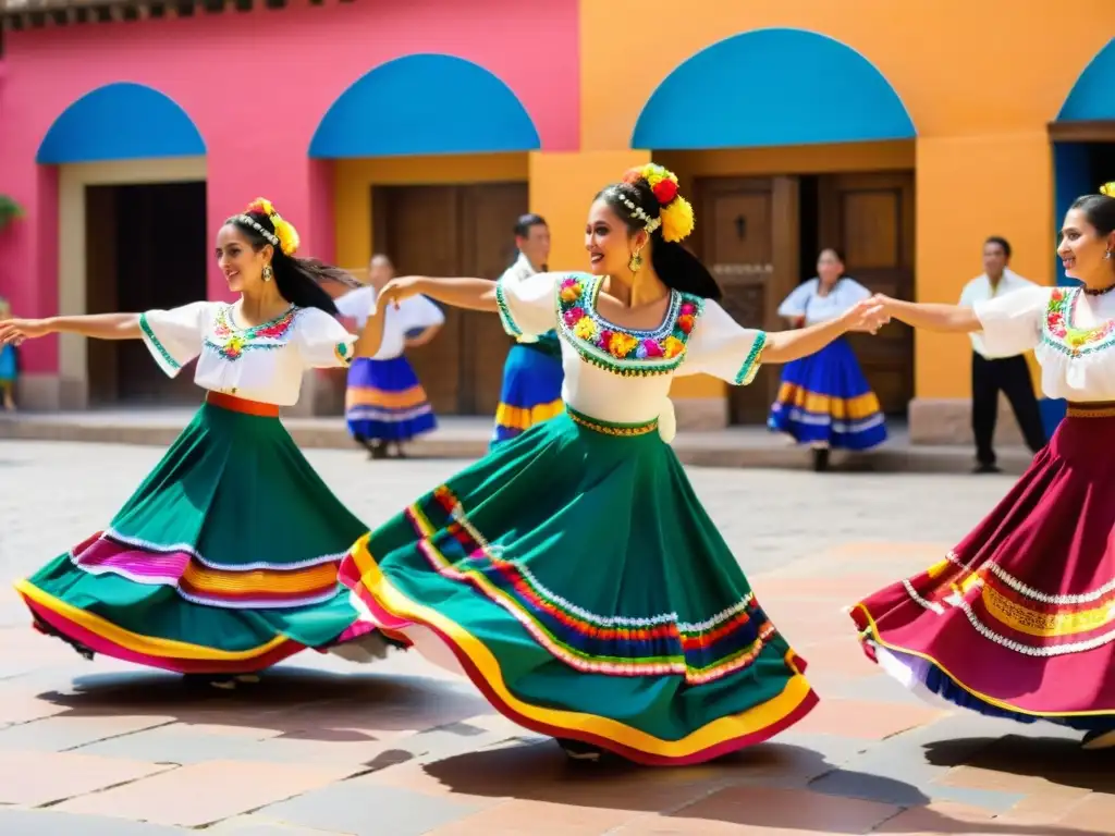 Grupo de bailarines folclóricos mexicanos realizando una danza vibrante y colorida en la plaza del pueblo