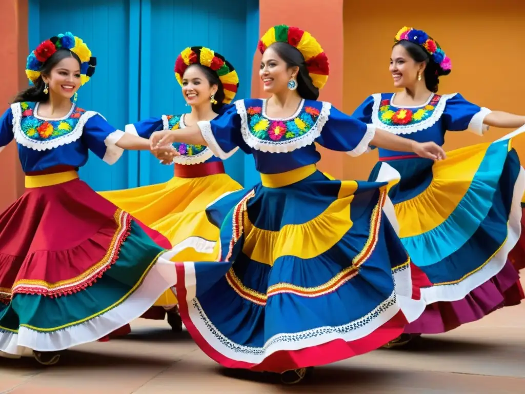 Grupo de bailarines folclóricos mexicanos en trajes tradicionales vibrantes, con movimientos llenos de energía y gracia