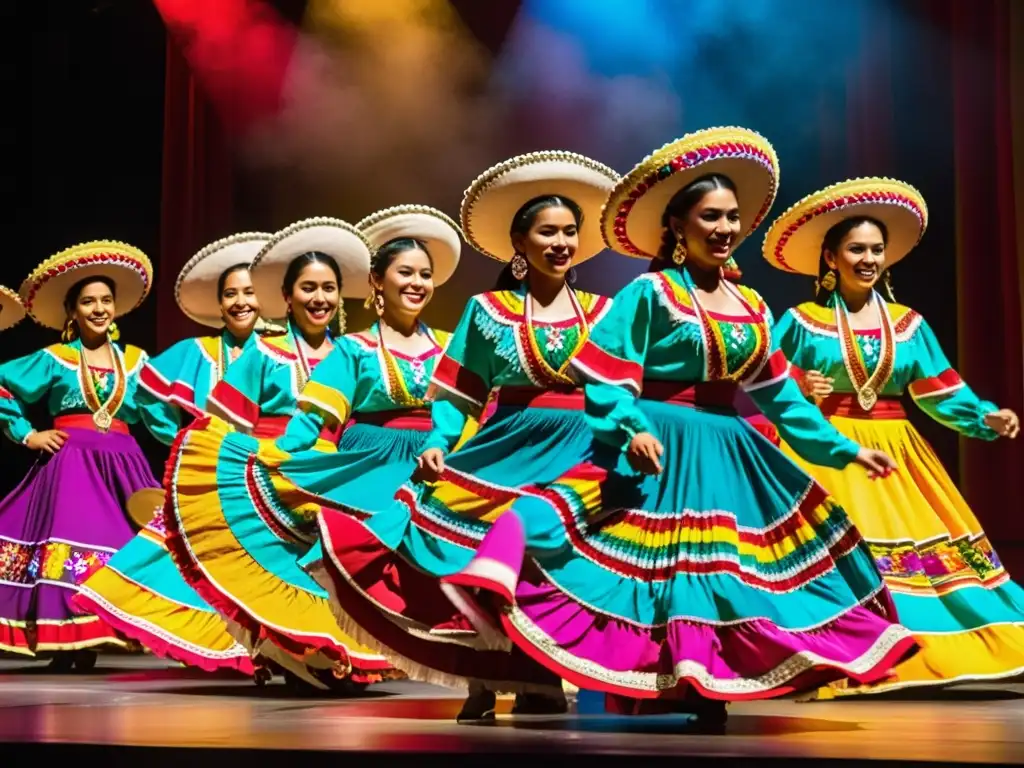 Grupo de bailarines folclóricos mexicanos con trajes tradicionales, danzando con energía y pasión en un escenario iluminado