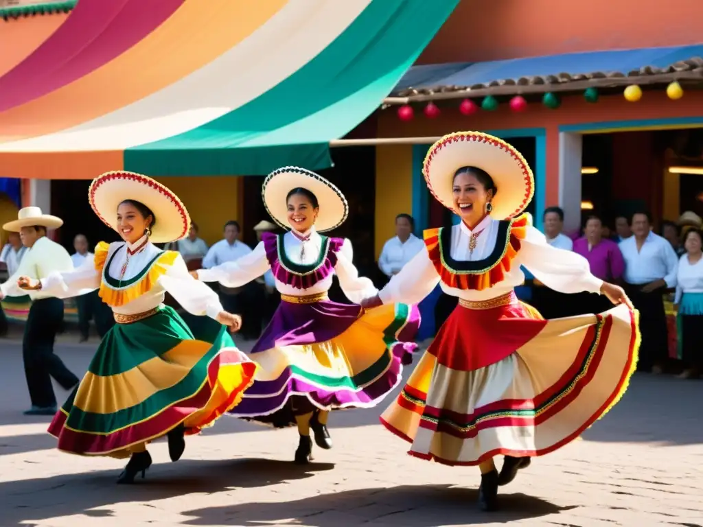 Un grupo de bailarines folclóricos mexicanos ejecutando el zapateado, con trajes vibrantes y un mercado colorido de fondo