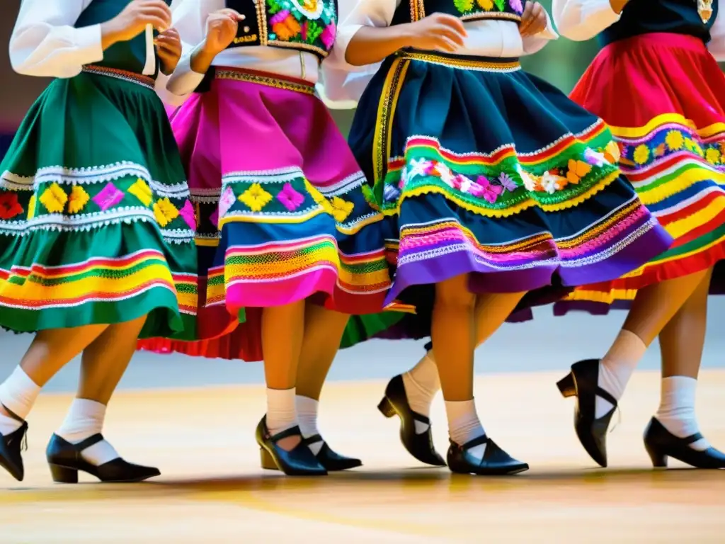 Grupo de bailarines folclóricos mexicanos ejecutando el zapateado en un escenario festivamente decorado con papel picado