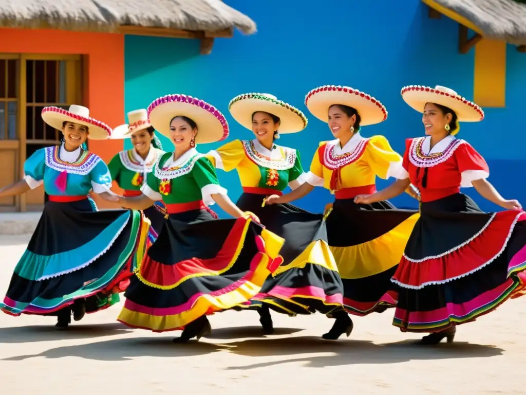 Grupo de bailarines folclóricos mexicanos ejecutando el zapateado, mostrando el significado cultural del zapateado en México en un festival animado