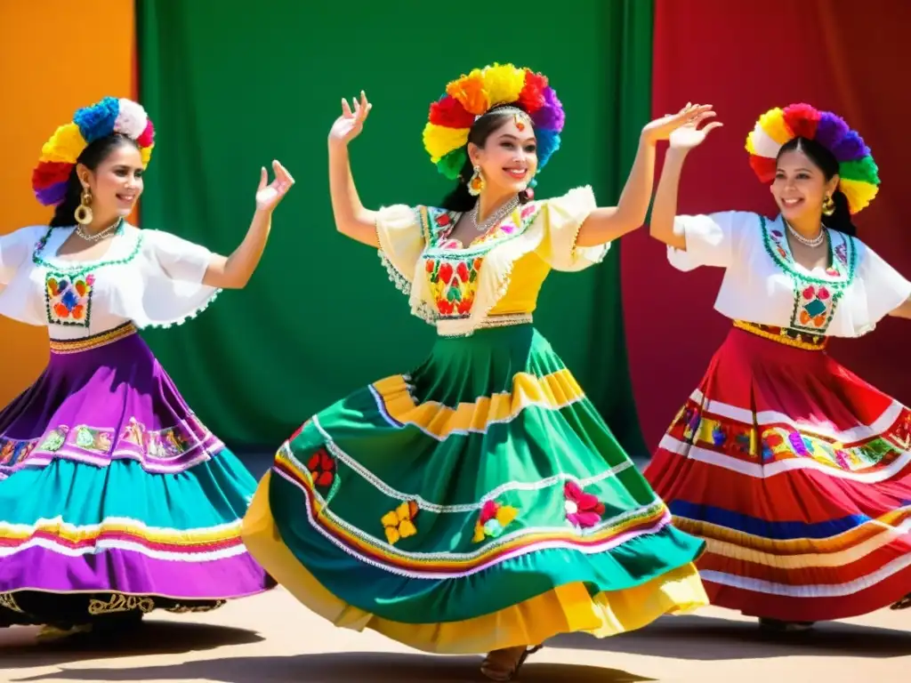 'Grupo de bailarines folclóricos mexicanos con trajes coloridos y elaborados, representando el diseño de vestuario en danzas folclóricas tradicionales