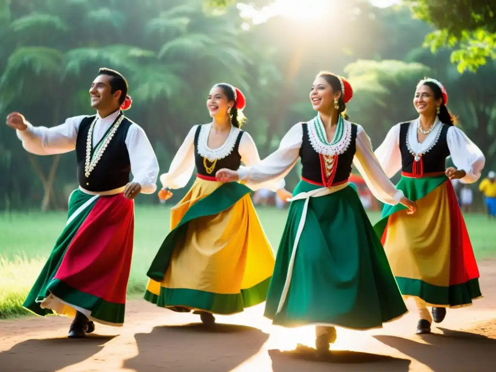 Grupo de bailarines folclóricos paraguayos danzando con gracia al ritmo de la polka paraguaya, resaltando la influencia de la danza tradicional