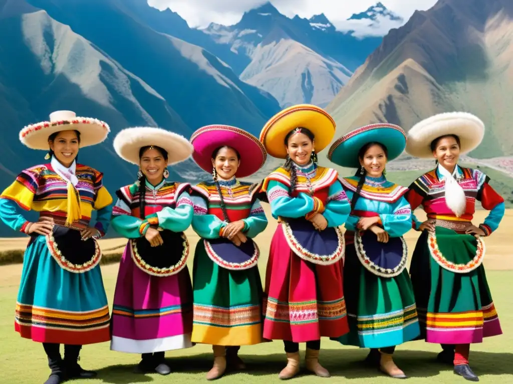 Grupo de bailarines folclóricos peruanos con trajes tradicionales y coloridas texturas, danzando con energía en los Andes