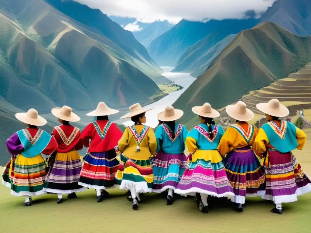 Grupo de bailarines folclóricos peruanos con trajes tradicionales, moviéndose graciosamente en los Andes