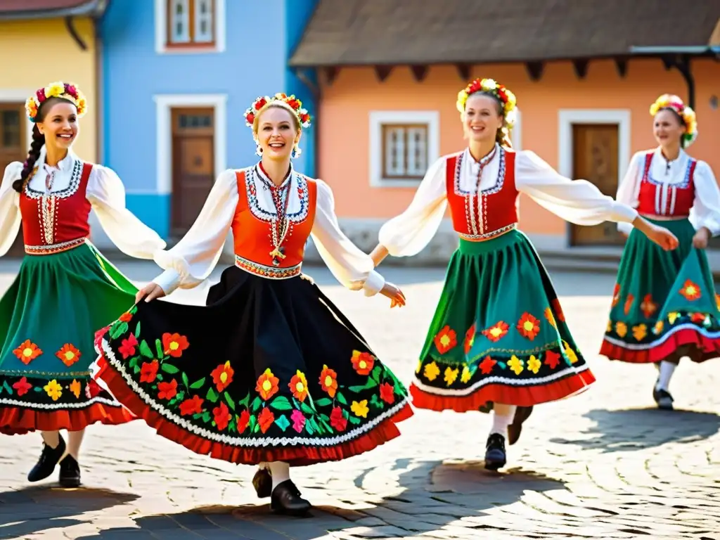 Grupo de bailarines folclóricos polacos, vistiendo trajes vibrantes y bordados, ejecutando una alegre polka polaca en una plaza soleada