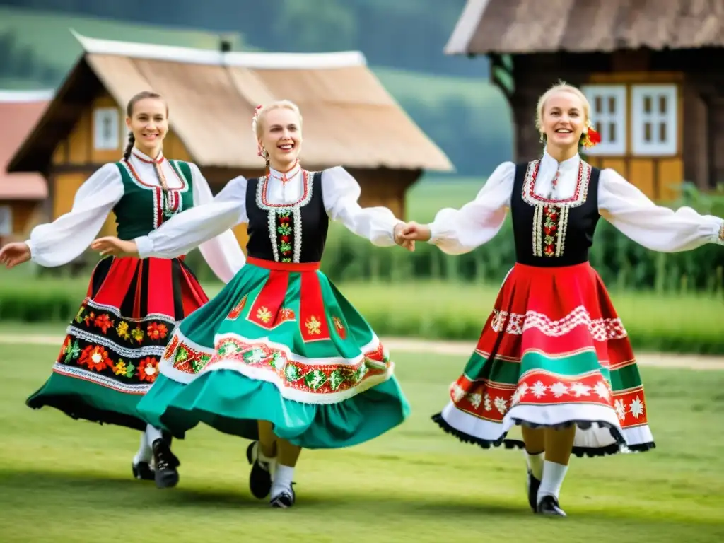 Un grupo de bailarines folclóricos polacos ejecutando con gracia un baile tradicional en un pintoresco pueblo