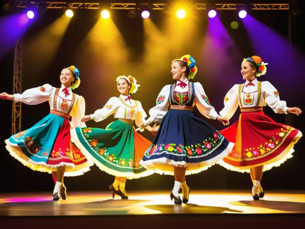 Un grupo de bailarines folclóricos polacos con trajes vibrantes ejecutando un baile dinámico y energético en un escenario decorado con flores