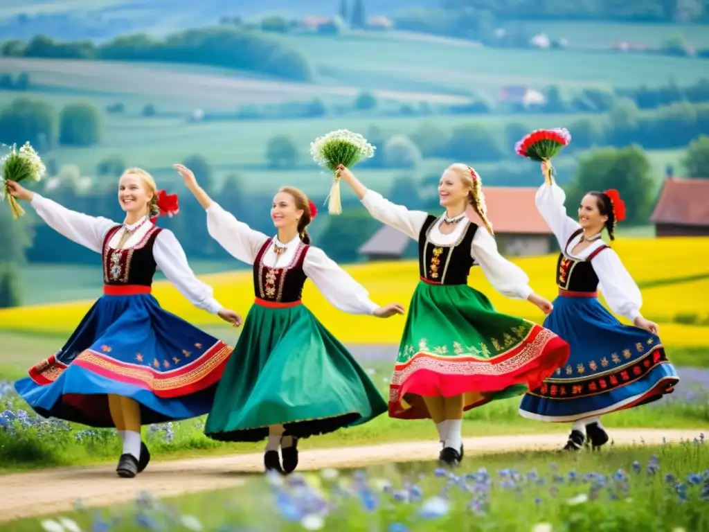 Grupo de bailarines folclóricos polacos interpretando la danza mazurca en un entorno pintoresco, destacando la conservación de la danza polaca