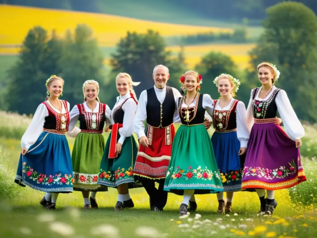 Grupo de bailarines folclóricos polacos en trajes coloridos, unidos en círculo en prado verde salpicado de flores silvestres