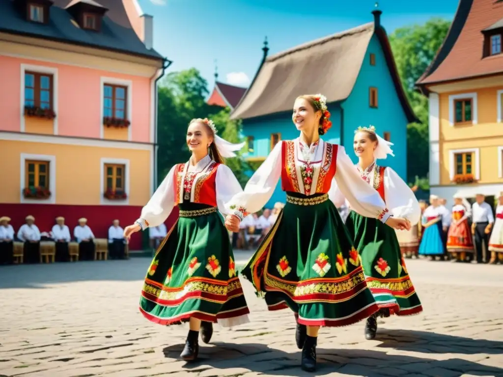 Grupo de bailarines folclóricos polacos realizando una danza tradicional con trajes bordados en una plaza soleada