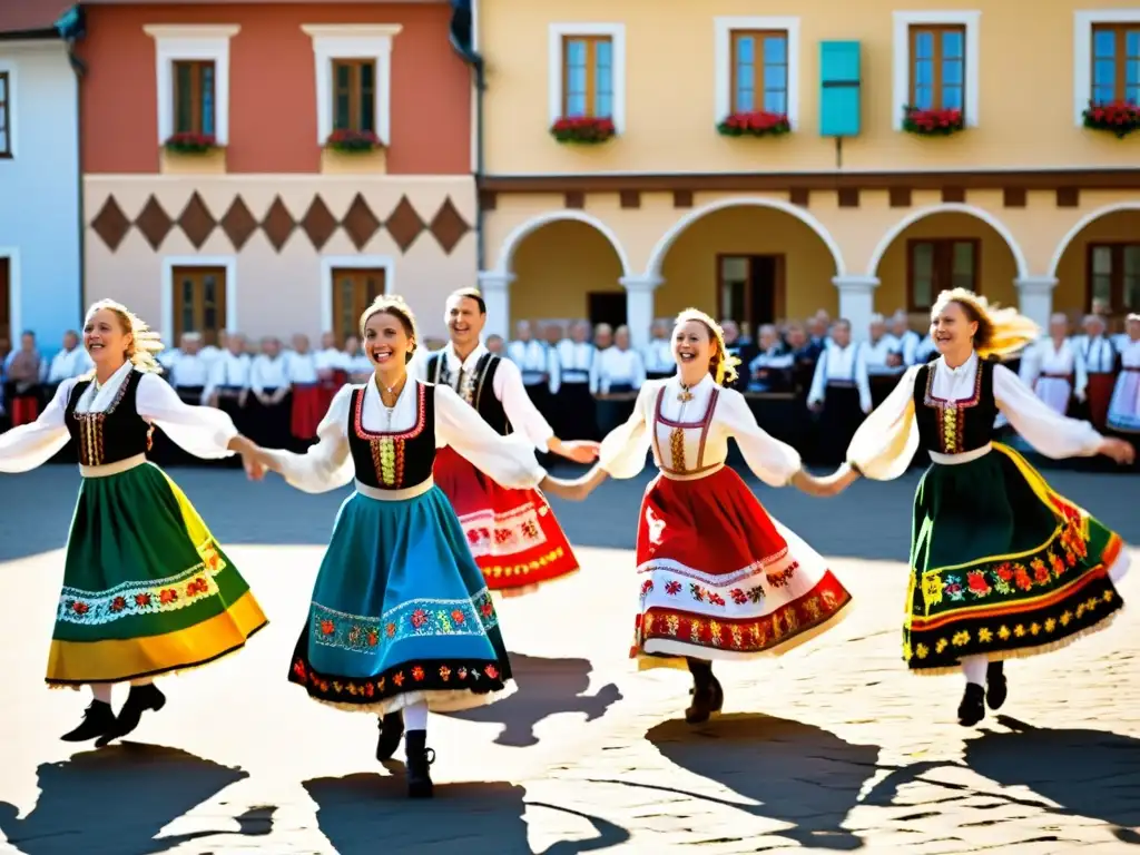 Grupo de bailarines folclóricos polacos, vistiendo trajes vibrantes, bailando con energía en la plaza del pueblo