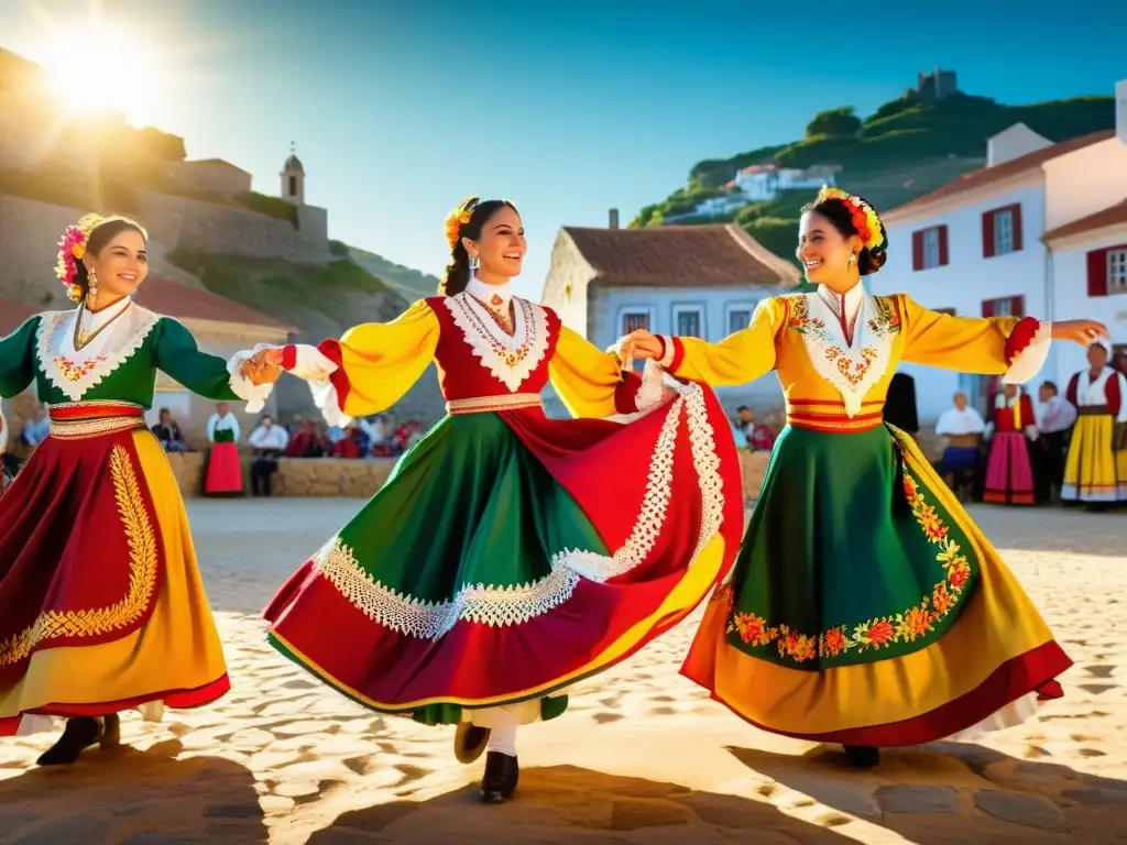 Un grupo de bailarines folclóricos portugueses con trajes regionales coloridos bailando con alegría en un pueblo pintoresco de Portugal