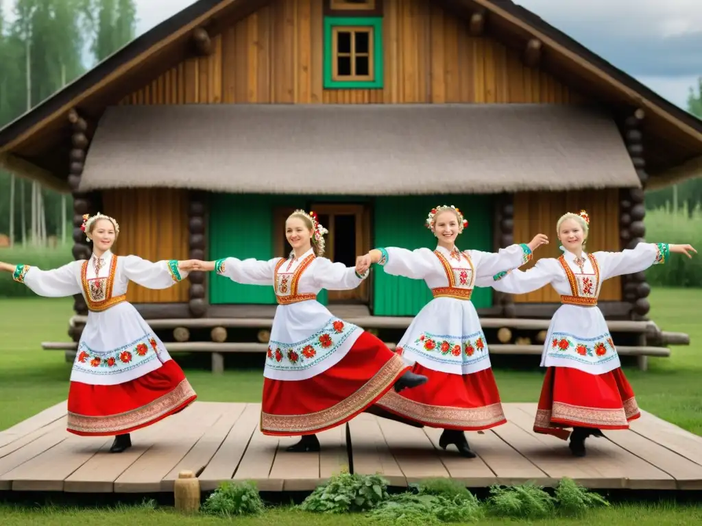 Grupo de bailarines folclóricos rusos en vibrantes trajes ejecutando la enérgica danza Kalinka, capturando la esencia del folclore ruso