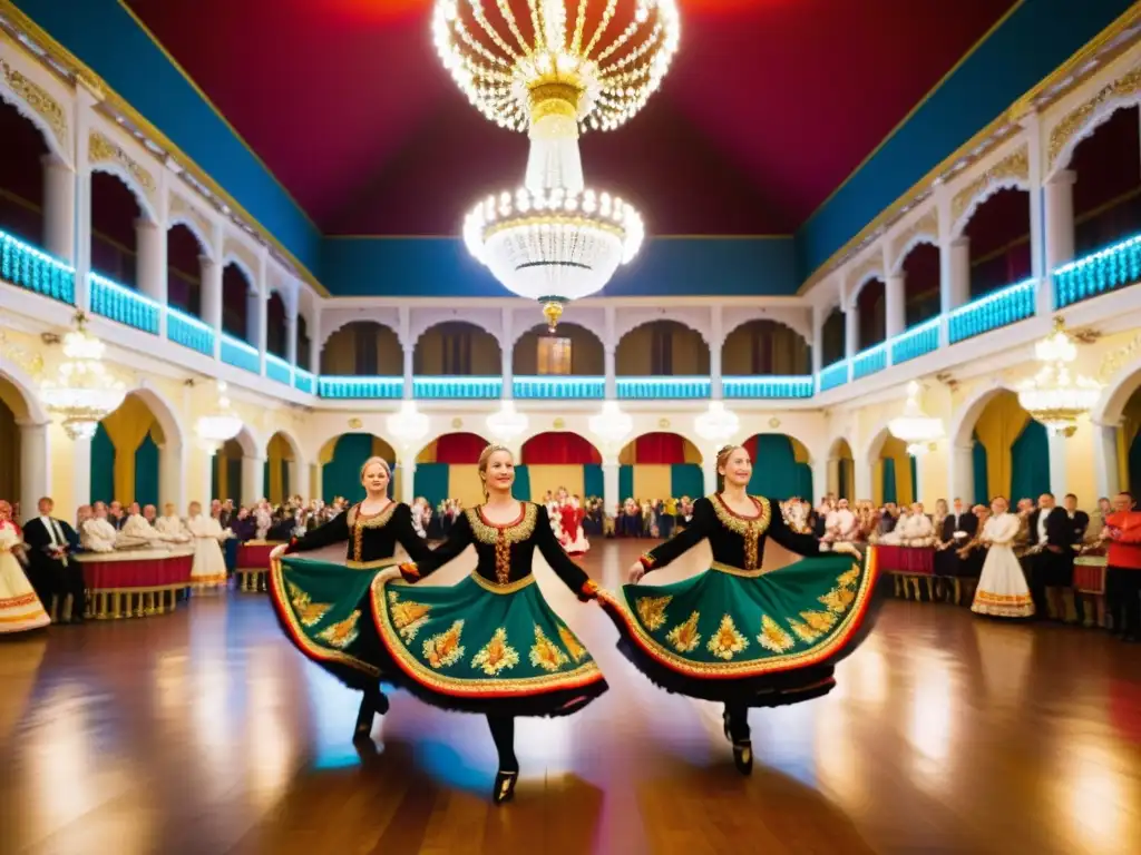 Un grupo de bailarines folclóricos rusos en trajes tradicionales realizan una danza sincronizada y animada en un lujoso salón