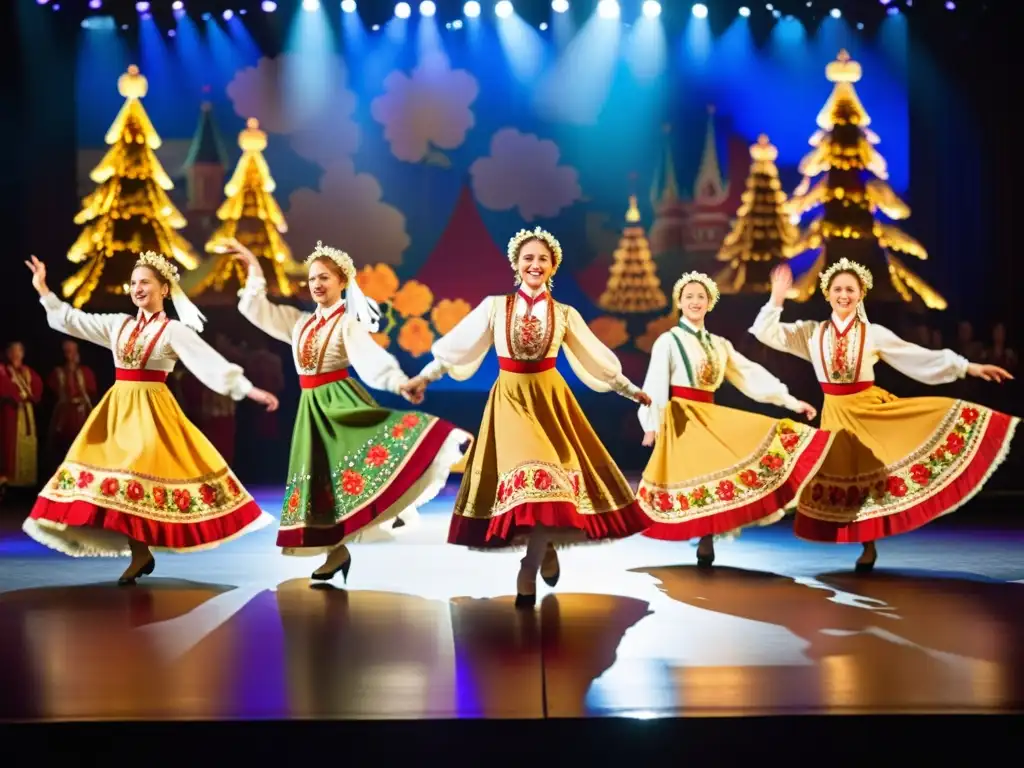 Un grupo de bailarines folclóricos rusos ejecutan la enérgica danza Kalinka Rusa, con movimientos expresivos y trajes tradicionales vibrantes