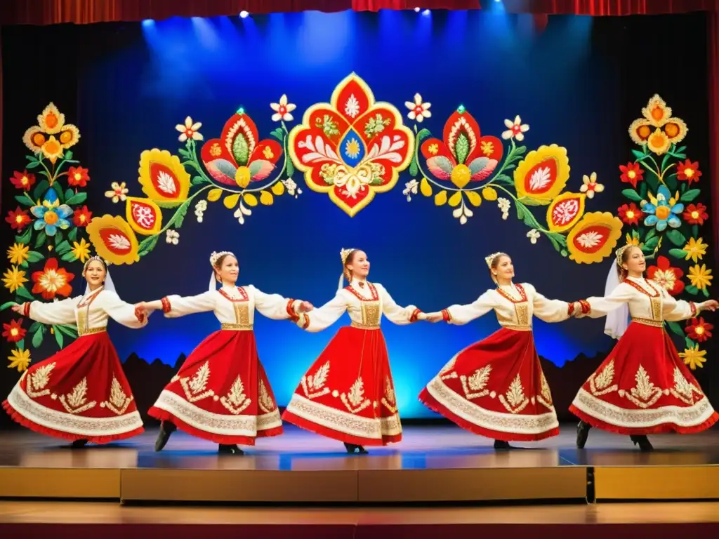 Un grupo de bailarines folclóricos rusos en trajes tradicionales realiza movimientos sincronizados en un escenario colorido