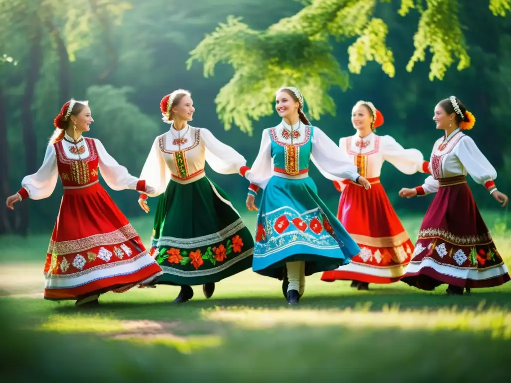 Un grupo de bailarines folclóricos rusos con trajes tradicionales vibrantes realizan una danza dinámica en un claro soleado rodeado de vegetación exuberante, capturando la esencia del taller de danzas tradicionales rusas