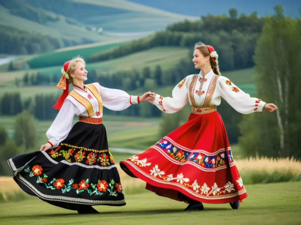 Grupo de bailarines folclóricos rusos con trajes vibrantes y bordados, realizando una danza en paisaje rural